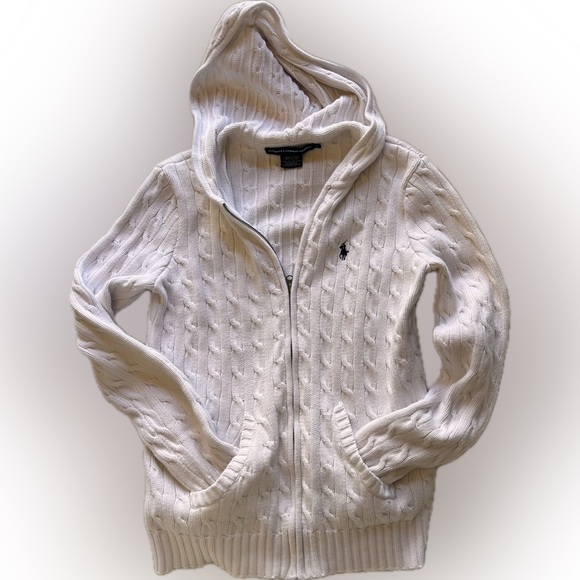 Ralph Lauren Sport white cable knit cotton hooded cardigan sweater zip front L - Picture 8 of 9